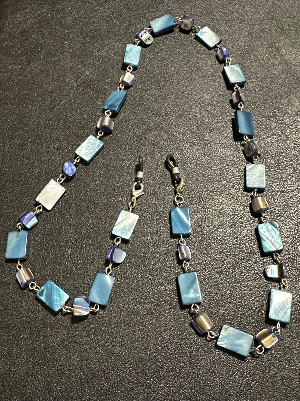 Rectangular Blue Shell & Purple Shell Chip Linked Eye Glass Holder Necklace